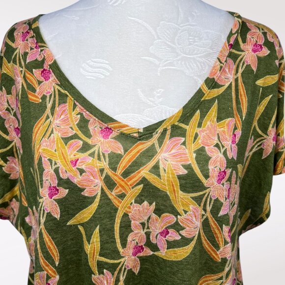 Rachel Zoe Linen Floral Top Green Pink Short Sleeve V Neck Blouse Size Large - Picture 2 of 8